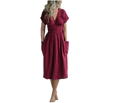 Short Sleeve V-neck Pocket Solid Color Loose Linen Dress - ANIBEY