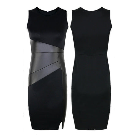 Slim OL Leather Patchwork Pencil Skirt Sexy Dress - ANIBEY