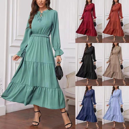 Summer Solid Color Long Sleeve European And American Style Women Dress Ladies - ANIBEY