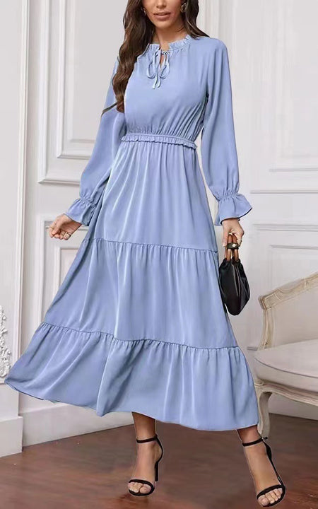 Summer Solid Color Long Sleeve European And American Style Women Dress Ladies - ANIBEY