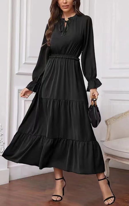 Summer Solid Color Long Sleeve European And American Style Women Dress Ladies - ANIBEY