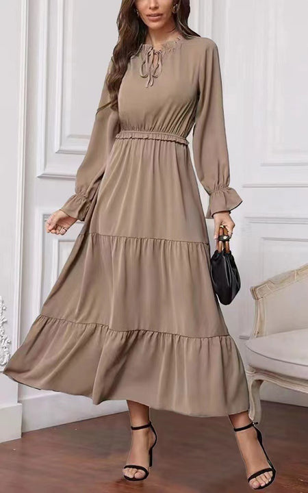 Summer Solid Color Long Sleeve European And American Style Women Dress Ladies - ANIBEY