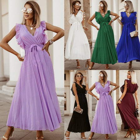 Temperament Beach Long Skirt Fashion Slim Sexy Lotus Leaf Sleeves - ANIBEY