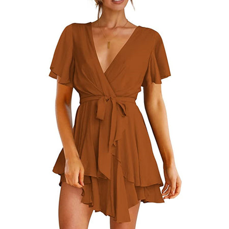 V-Neck Short Sleeve Mini Flowy Dress - ANIBEY