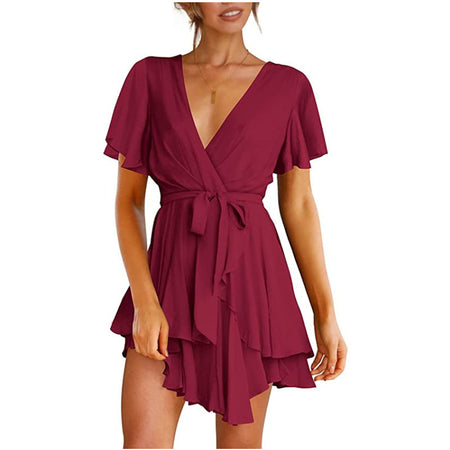 V-Neck Short Sleeve Mini Flowy Dress - ANIBEY