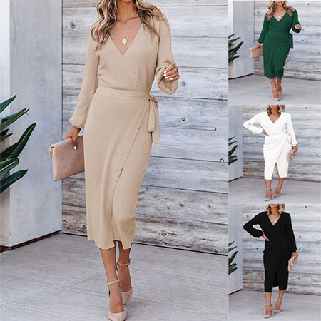 Women's Elegant V-Neck Solid Color Knit Dress - ANIBEY