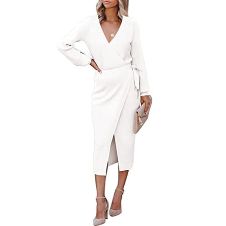 Women's Elegant V-Neck Solid Color Knit Dress - ANIBEY