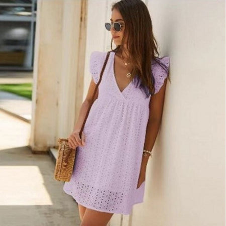 Fashion Women'S Summer V-Neck Cotton Short Skirt Solid Color Dress - ANIBEY
