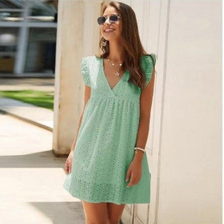 Fashion Women'S Summer V-Neck Cotton Short Skirt Solid Color Dress - ANIBEY