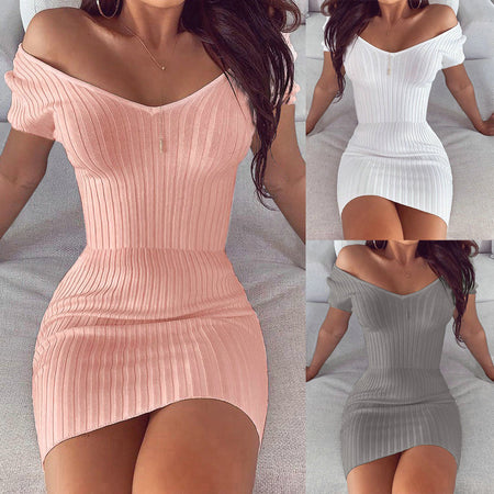 V-neck solid color slim dress - ANIBEY