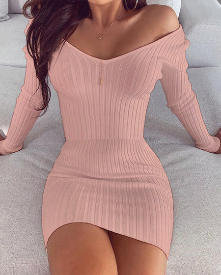 V-neck solid color slim dress - ANIBEY