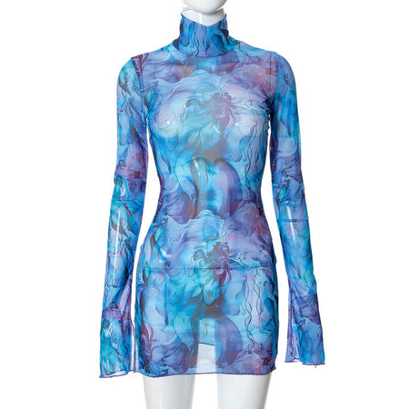 Mesh Floral Print Round-neck Flared Sleeves Side Open Sheath Dress - ANIBEY