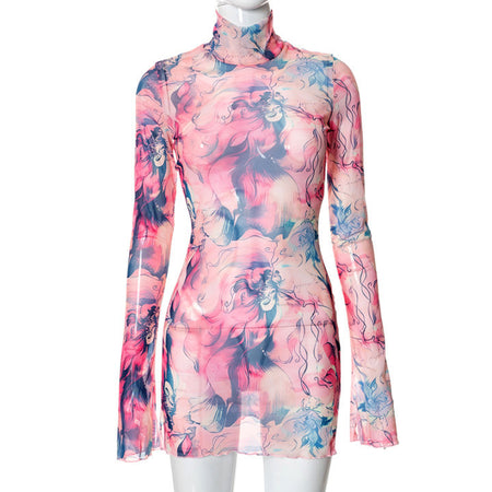Mesh Floral Print Round-neck Flared Sleeves Side Open Sheath Dress - ANIBEY