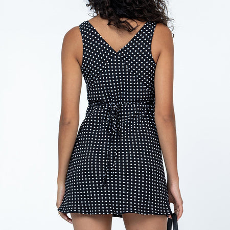 V-neck Polka-dot Self-tie High Waist Dress - ANIBEY
