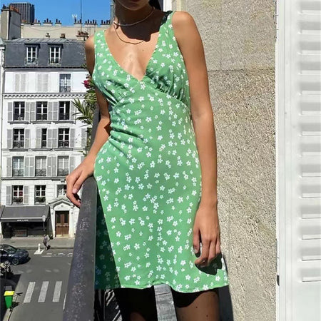 V-neck Polka-dot Self-tie High Waist Dress - ANIBEY