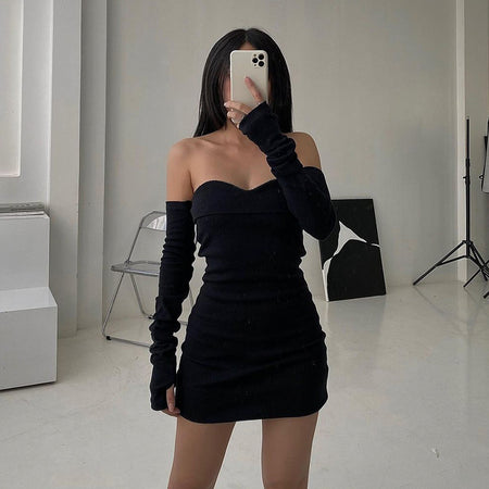 Black Women's Slim Fit Long Sleeve Women's Dress - ANIBEY