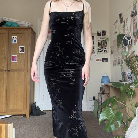 Dark Vintage Style Velvet Split Halter Dress - ANIBEY