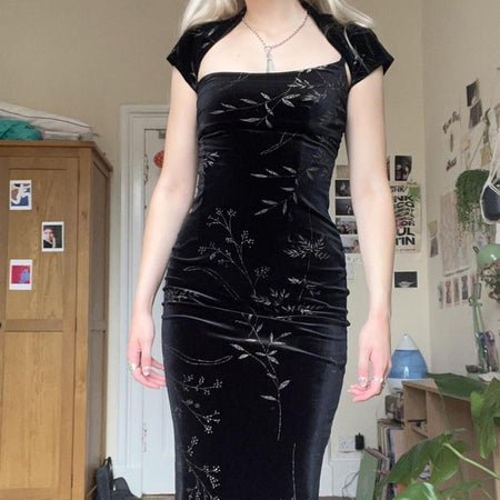 Dark Vintage Style Velvet Split Halter Dress - ANIBEY