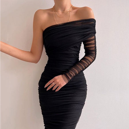 Diagonal Neckline Sexy Backless Dress - ANIBEY