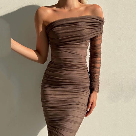 Diagonal Neckline Sexy Backless Dress - ANIBEY