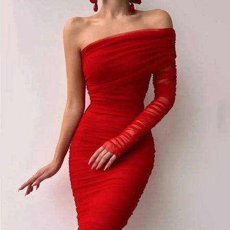 Diagonal Neckline Sexy Backless Dress - ANIBEY