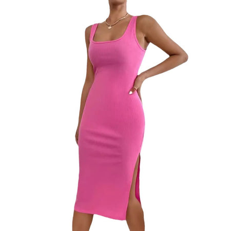 Elegant Rib Sunken Stripe Sleeveless Square Collar Slimming Split Dress - ANIBEY