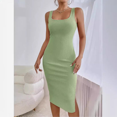 Elegant Rib Sunken Stripe Sleeveless Square Collar Slimming Split Dress - ANIBEY