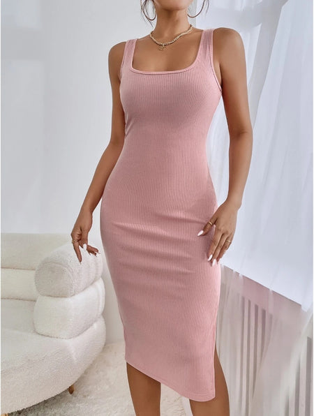Elegant Rib Sunken Stripe Sleeveless Square Collar Slimming Split Dress - ANIBEY