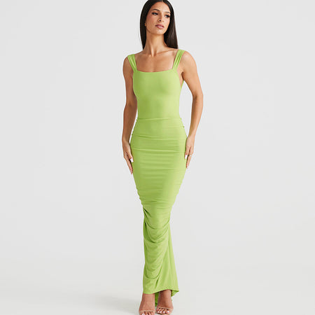 Fashion Backless Straps Long Sheath Pleated Dress - ANIBEY
