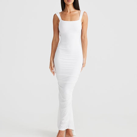 Fashion Backless Straps Long Sheath Pleated Dress - ANIBEY