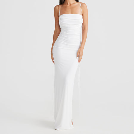 Fashion Backless Straps Long Sheath Pleated Dress - ANIBEY