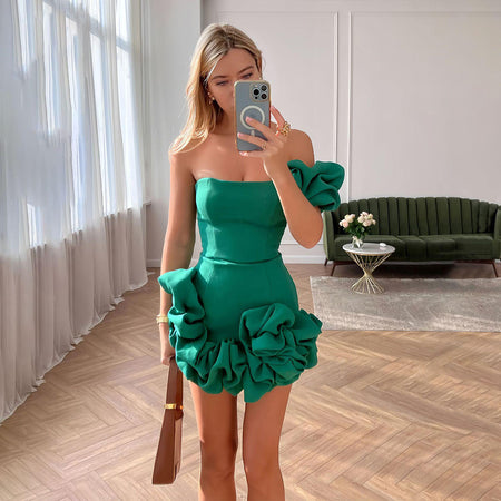 Fashion One-shoulder Sexy Slim Ruffled Flower-bud Design Short Party Wear Dress - ANIBEY