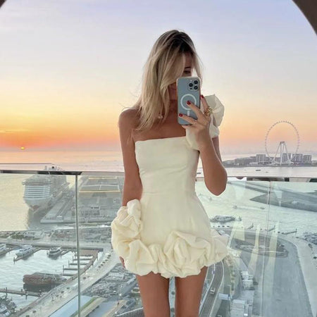 Fashion One-shoulder Sexy Slim Ruffled Flower-bud Design Short Party Wear Dress - ANIBEY