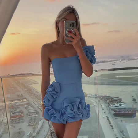 Fashion One-shoulder Sexy Slim Ruffled Flower-bud Design Short Party Wear Dress - ANIBEY