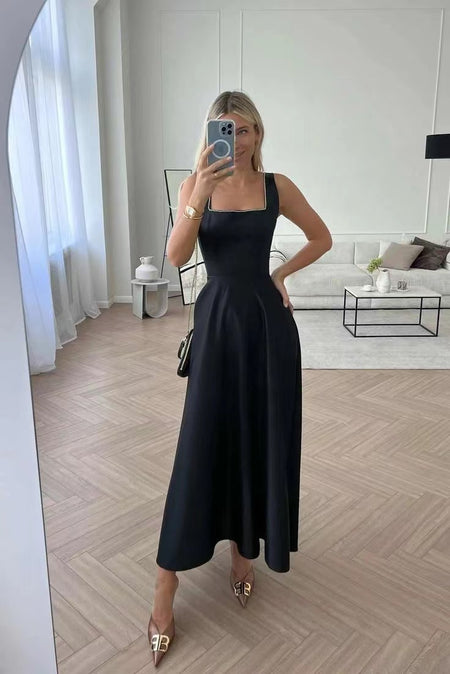 Fashion Retro Waist-controlled Square Collar Large Swing Dress - ANIBEY