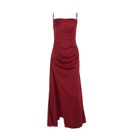 Fashion Style Slim Satin Pockets Collar Slit Formal Dress - ANIBEY
