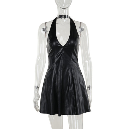 Fashion V-neck Leather Backless Dress Women - ANIBEY