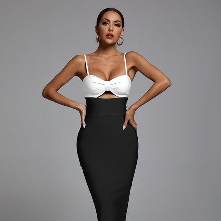 Fashion Waist Hollow Design New Sexy Solid Color V-Neck Halter Celebrity Party Club Bandage Long Dress - ANIBEY