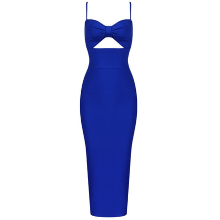 Fashion Waist Hollow Design New Sexy Solid Color V-Neck Halter Celebrity Party Club Bandage Long Dress - ANIBEY