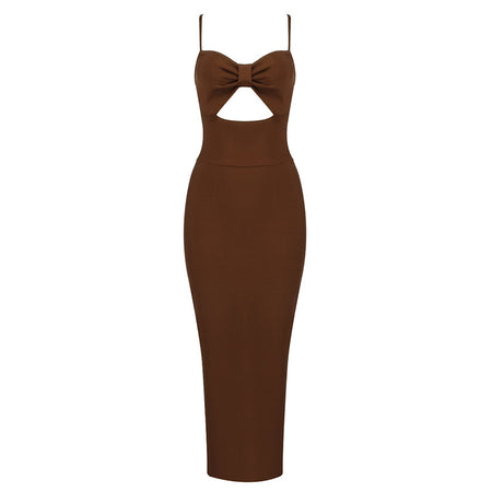 Fashion Waist Hollow Design New Sexy Solid Color V-Neck Halter Celebrity Party Club Bandage Long Dress - ANIBEY
