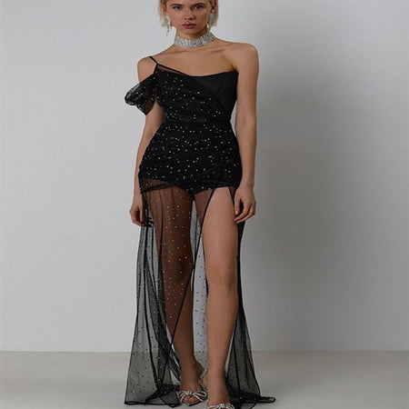 Fashionable Slimming Sling Backless Black Sleeveless Sheath Split Mid-length Mesh Dress - ANIBEY