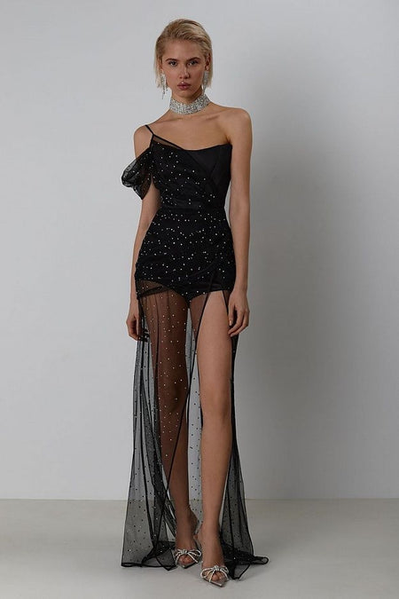 Fashionable Slimming Sling Backless Black Sleeveless Sheath Split Mid-length Mesh Dress - ANIBEY