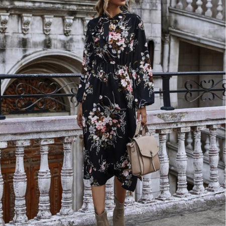 Floral Bow Tie Collar Waist Slimming Mid Length Slit Dress - ANIBEY
