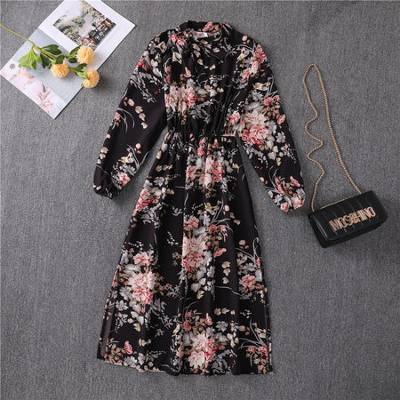 Floral Bow Tie Collar Waist Slimming Mid Length Slit Dress - ANIBEY