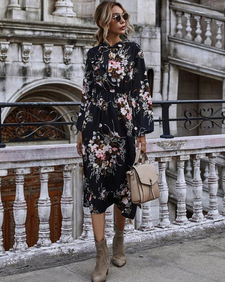 Floral Bow Tie Collar Waist Slimming Mid Length Slit Dress - ANIBEY