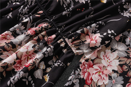 Floral Bow Tie Collar Waist Slimming Mid Length Slit Dress - ANIBEY