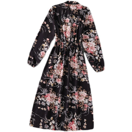 Floral Bow Tie Collar Waist Slimming Mid Length Slit Dress - ANIBEY