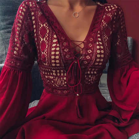 Flying Long Sleeve V-Neck Tie Cutout Dress Short - ANIBEY