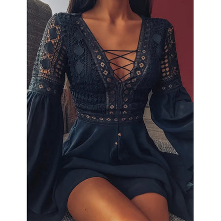 Flying Long Sleeve V-Neck Tie Cutout Dress Short - ANIBEY