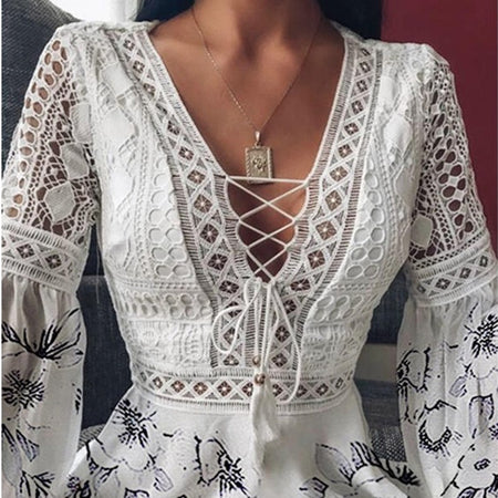 Flying Long Sleeve V-Neck Tie Cutout Dress Short - ANIBEY